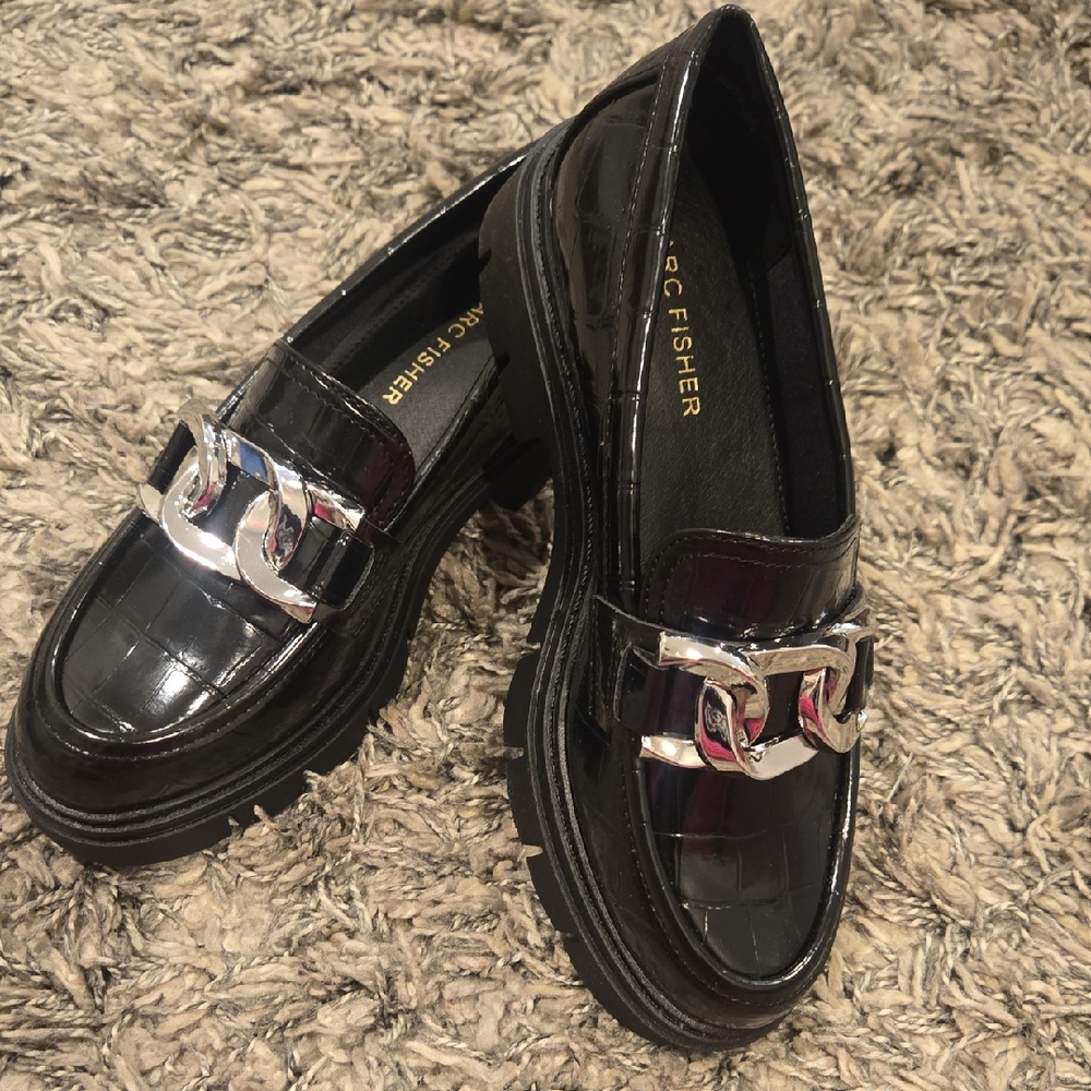 Marc Fisher Black Patent Loafers with Silver Detail